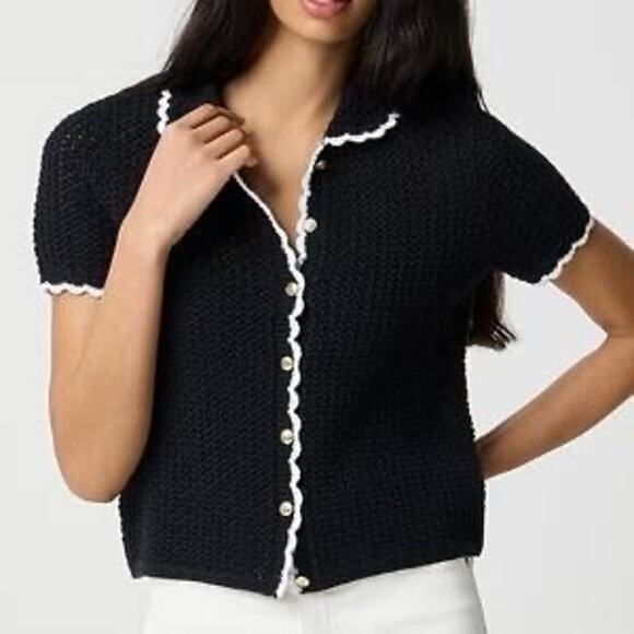 NWT J.Crew Short Sleeve Crochet Cardigan Sweater Black Size Small - Picture 1 of 6